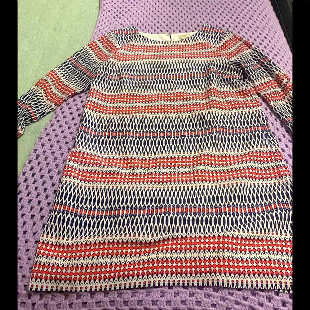 J Crew dress. Orange, Cream, Navy. Great work or going out dress.